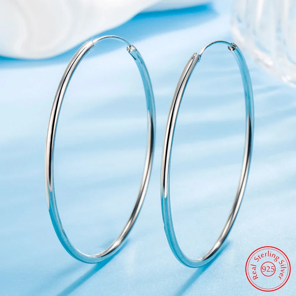 

925 Sterling Silver High Quality Fashion Jewelry Round Hoop Earrings For Women Lady Wedding Party New 5/6CM