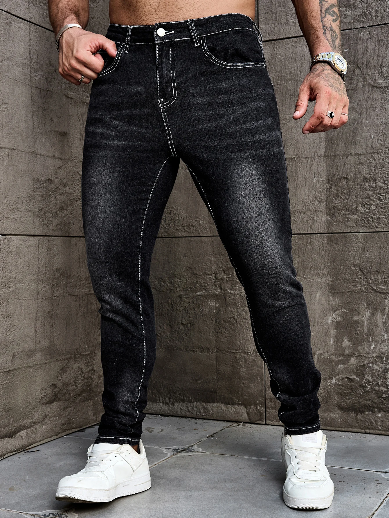 Men Jeans Denim Pants Clothing Trousers Men's Casual Black Washed Slim Fit Stretch Skinny Denim Pants