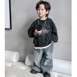 Boys' Long Sleeved Shirt Jeans Two-piece Sets Spring Autumn 2024 New Korean Fashion Casual Vintage Print Loose Pants Suits