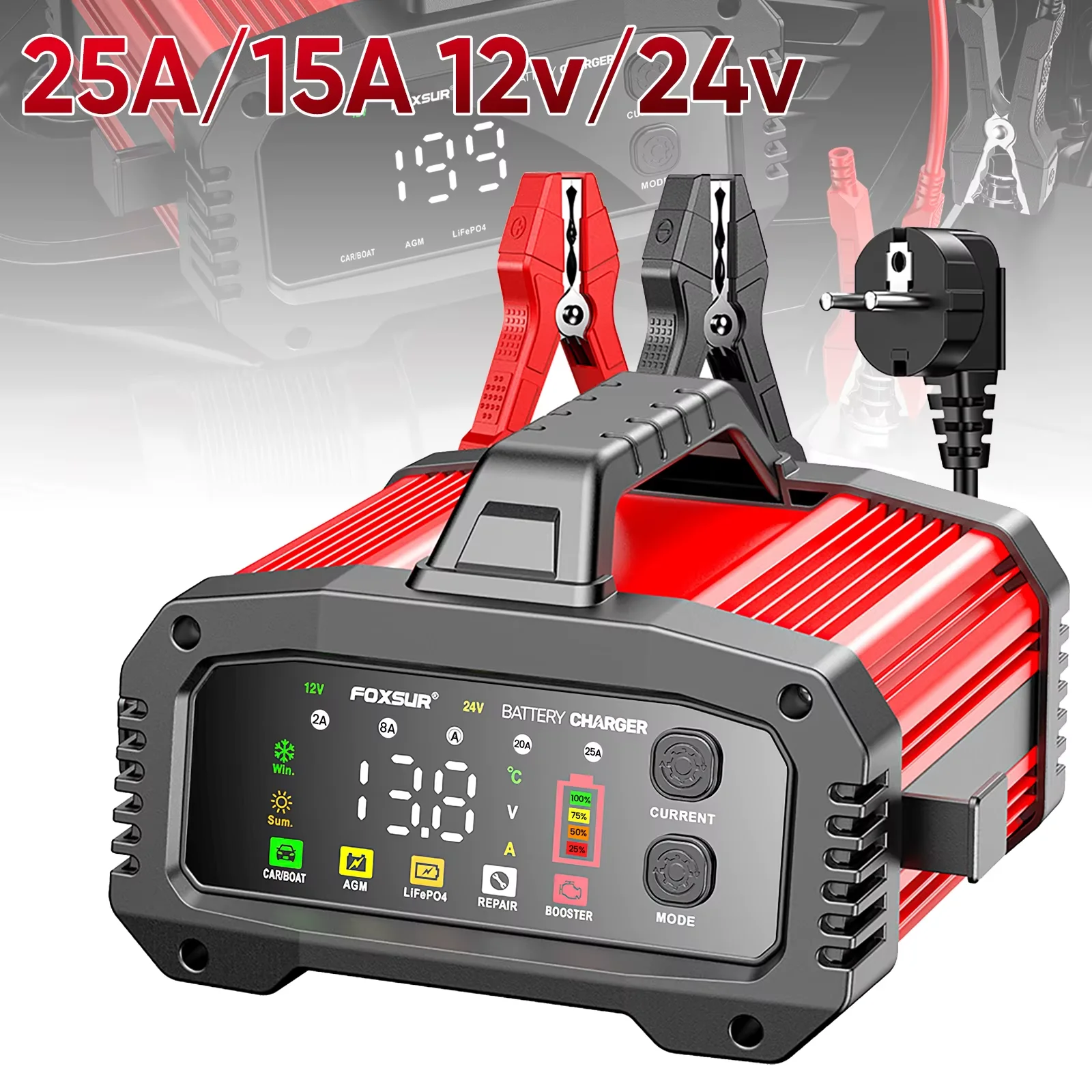 Automatyczna ładowarka samochodowa 25A/15A 12V/24V z inteligentną funkcją naprawy impulsowej do akumulatorów AGM/Wet Lead Acid z funkcją jump startera i 8-stopniowym ładowaniem.