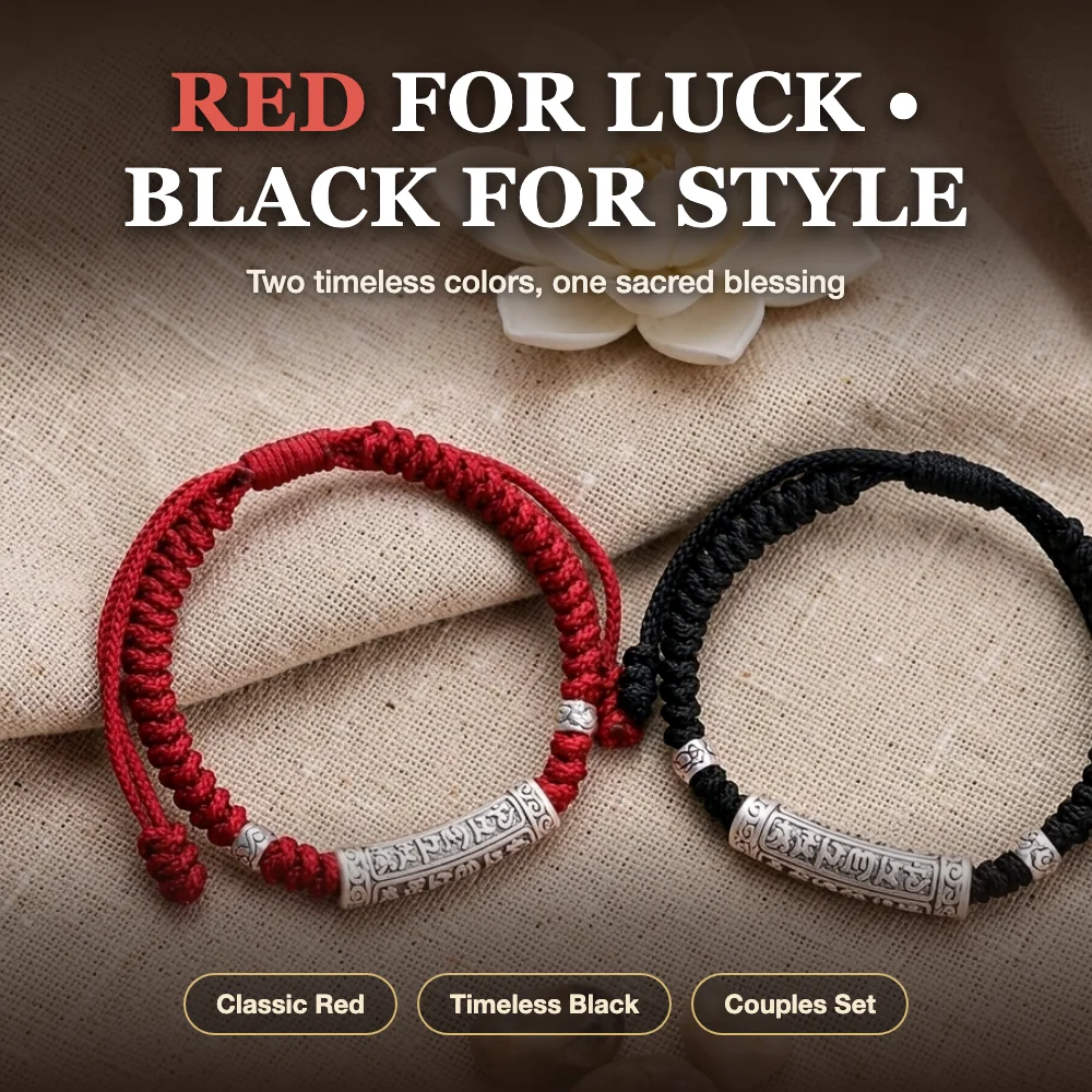 Genuine Six Words Mantra Red String Bracelet Men Women Vintage Woven Black Cord Zodiac Year Good Luck Peace Prayer Jewelry Gift