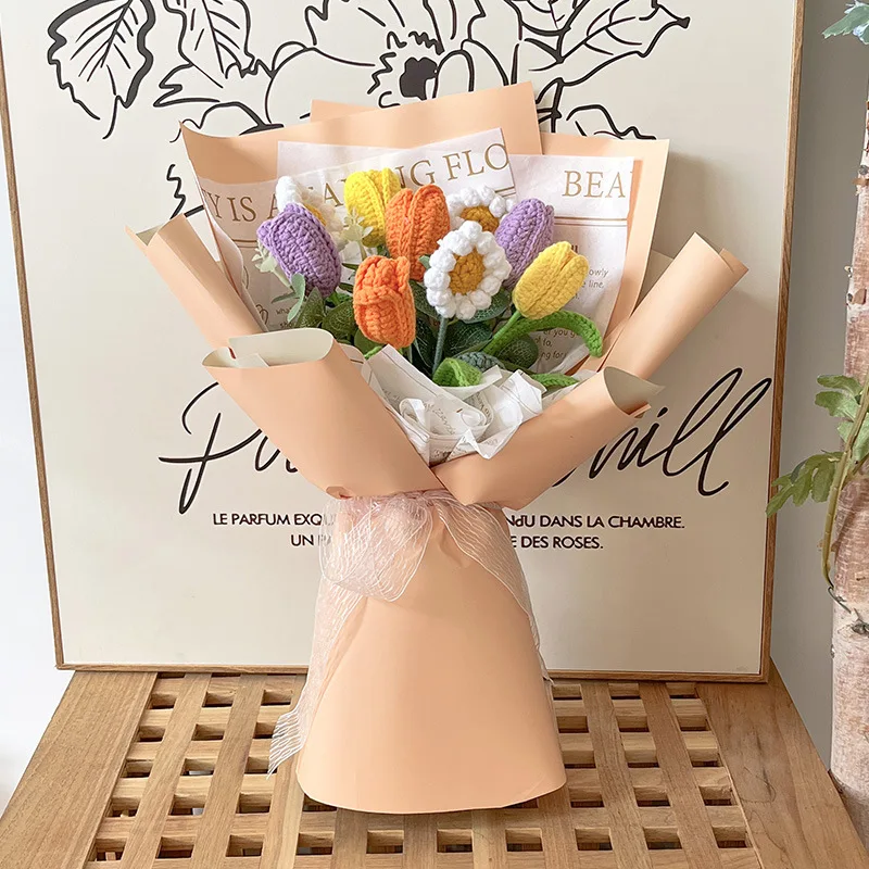 

Green Purple Tulip Bouquet Hand-made Creative Weaving Simulation Tulip Bouquet Finished Exquisite Packaging Eternal Flower Birth