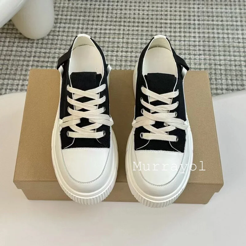 New Round Toe Solid Color High-top Shoes Women's Canvas Lace-up Thick Bottom Heighten Flat Shoes Four Seasons Casual Shoes