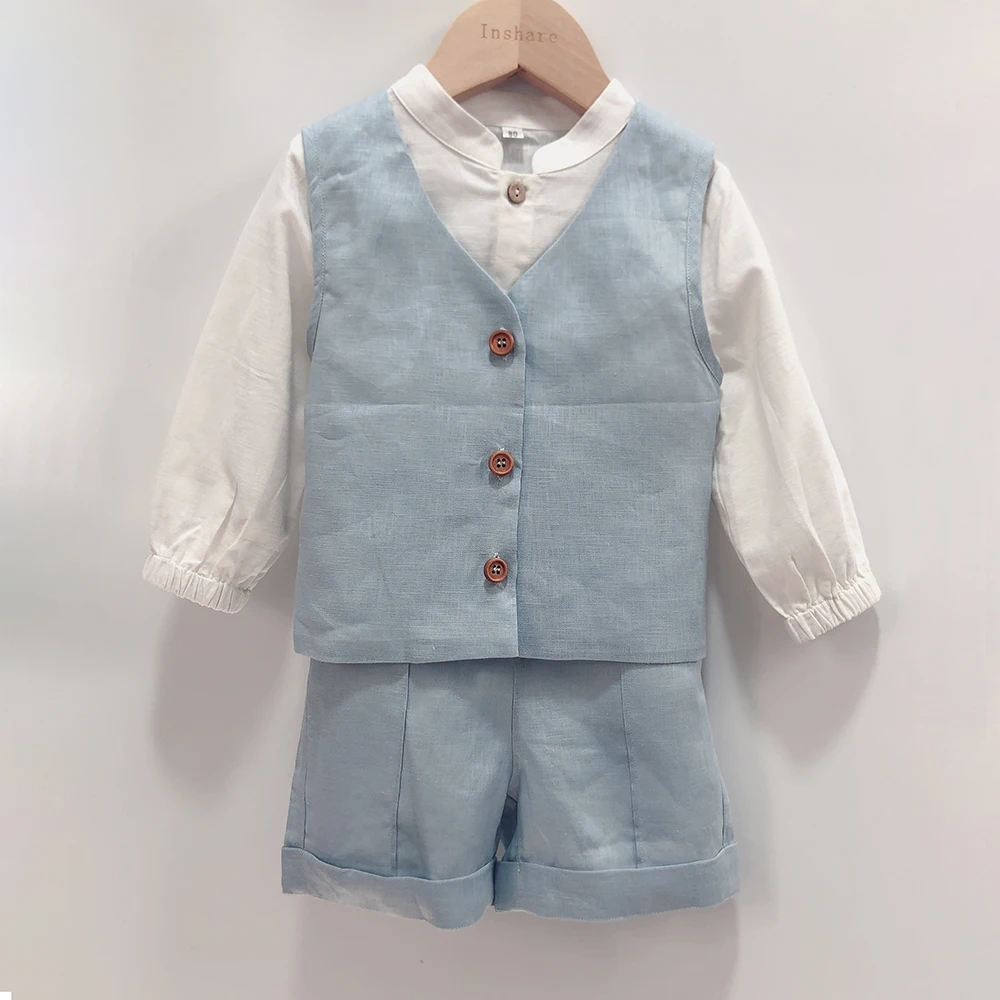 Boys Pure Linen 3Pcs Set Long-Sleeved Shirt Blue Shorts Vest Suit Retro Elegant Birthday Party Clothing Breathable Skin-Friendly