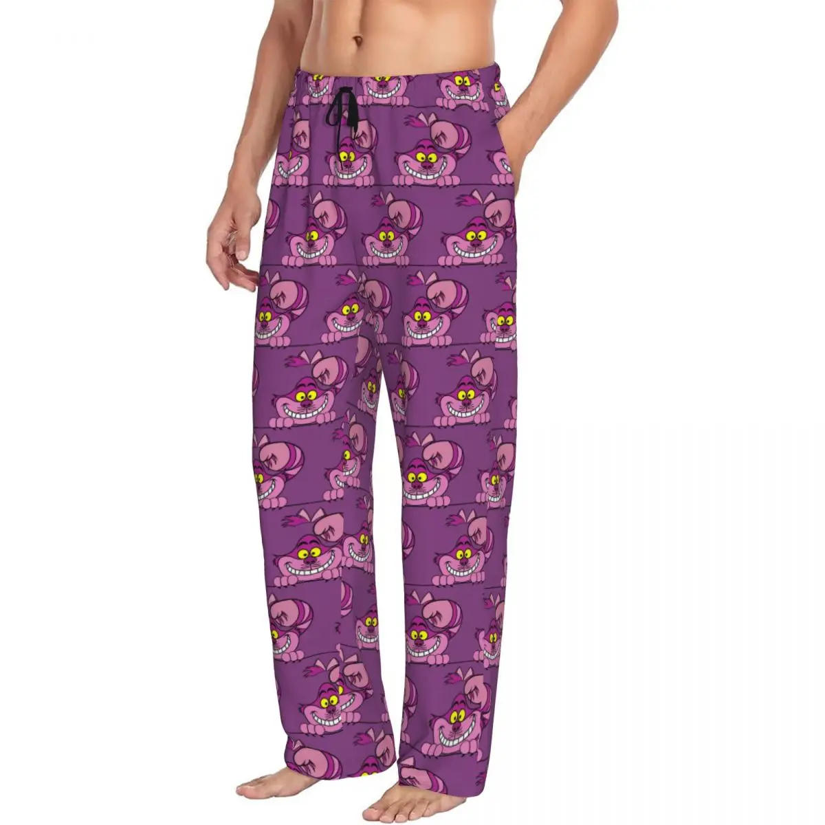 Custom Printed Men Cartoon Manga Cheshire Cat Smile Pajama Pants Sleep Sleepwear Bottoms with Pockets