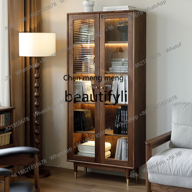 

178North American black walnut bookcase, all solid wood combination glass display case, floor-to-ceiling wine cabinet