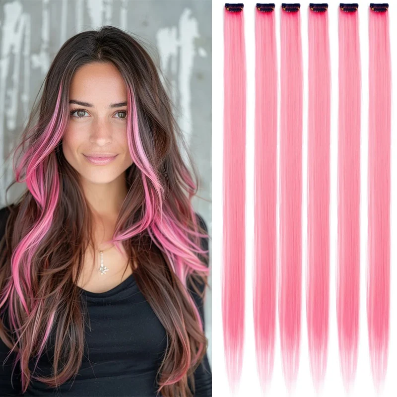 6 Pcs Colored Clip in Hair Extensions 22 Inch Long Straight Party Highlights Hairpiece Synthetic Hairpieces for Women Girls Kids