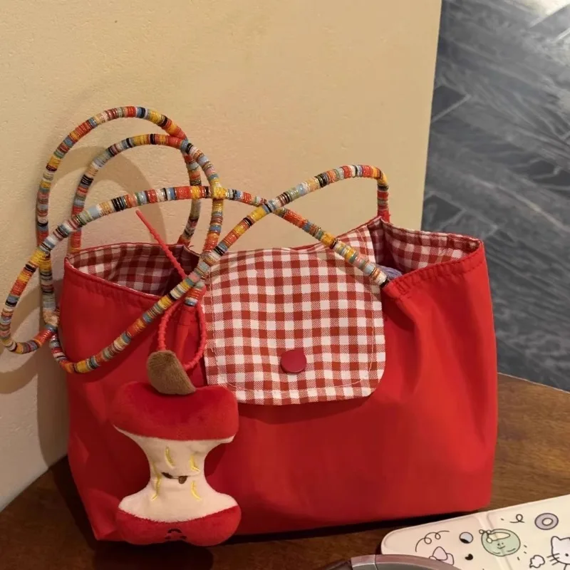2025 New Red Checkered Handbag Large Capacity Commuter Tote Bag Work and Class Single Shoulder Hand-held Canvas Bag