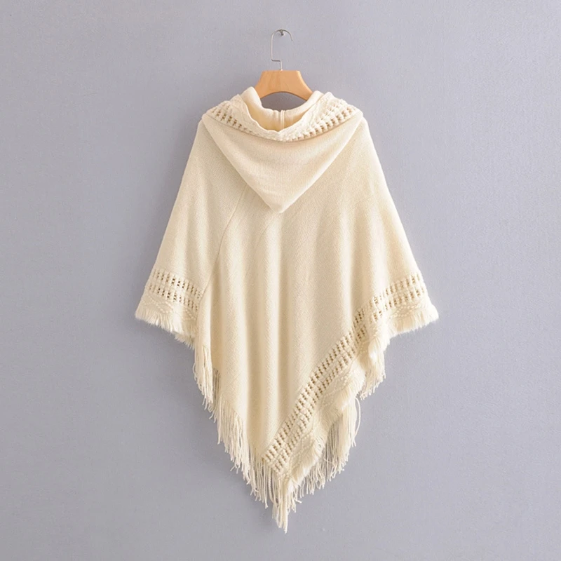 Women Winter Warm Knitted Hooded Poncho Cape Solid Color Crochet Fringed Tassel Shawl Wrap Oversized Pullover Cloak Sweater Top