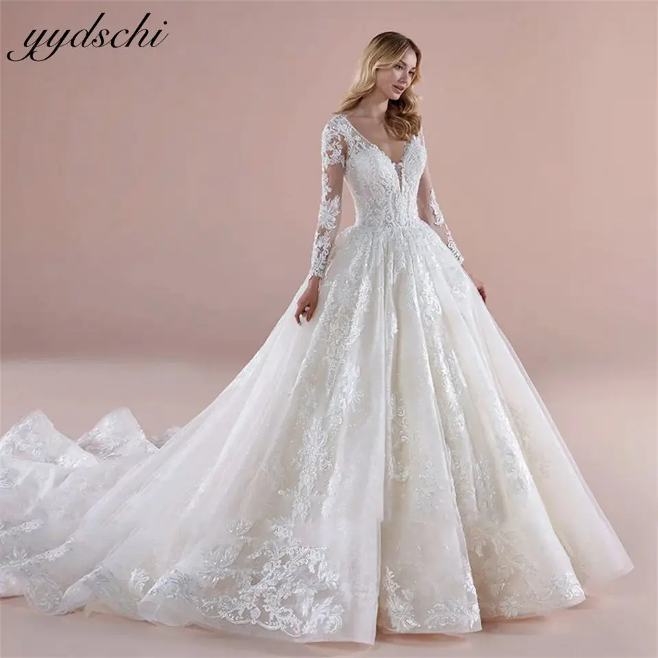 Elegant 2024 V-Neck Appliques Tulle Wedding Dress  for woman Backless Court Train Bridal Gown Ball Gown Vestidos De Noiva