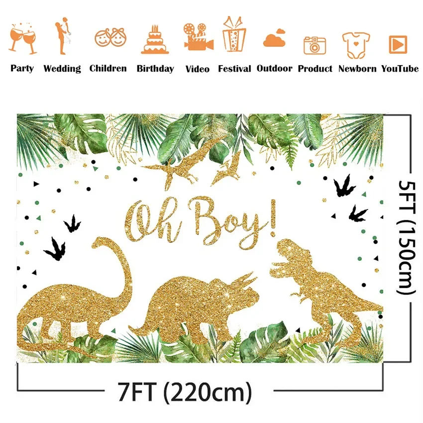 Woodland Baby Shower Disonaur Theme Baby Shower Party Decoration Safari Jungle Gold Glitter background green leaves photocall