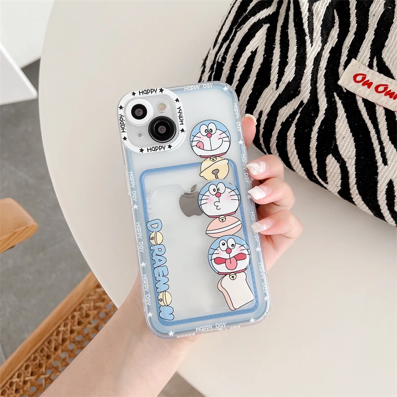 Cartoon Doraemon Soft Silicone Case for iPhone 15 14 13 12 11 Pro Max Mini XR XS X 8 7 Plus SE 2020 Silm Card Holder Back Cover