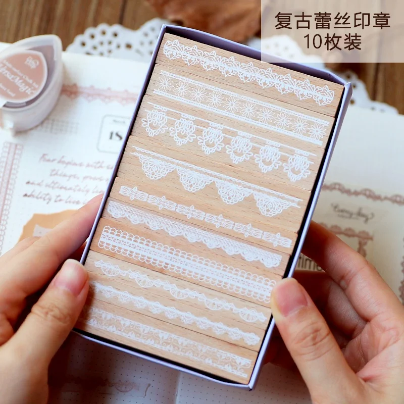 10pcs/set Vintage Flower Lace Decoration Stamp Wooden Rubber Stamps for Scrapbooking Stationery DIY Craft Standard Stamp