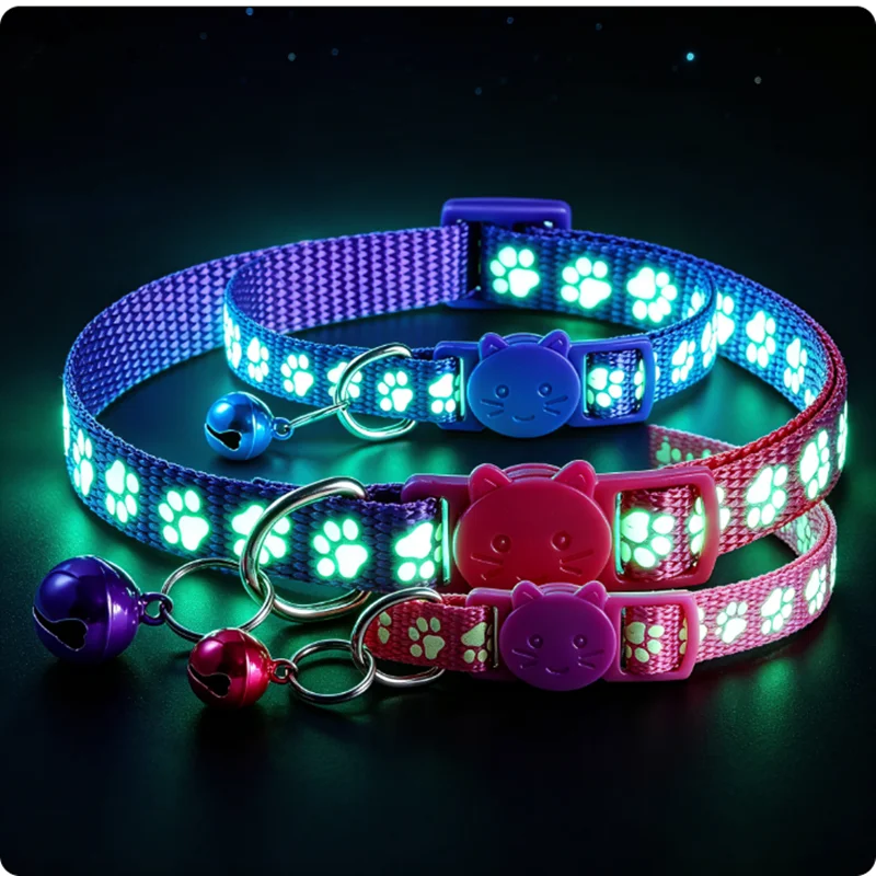 1pcs Luminous pet collar,cute paw print design with bells for anti-loss,adjustable,suitable for cats and dogs, multiple colors