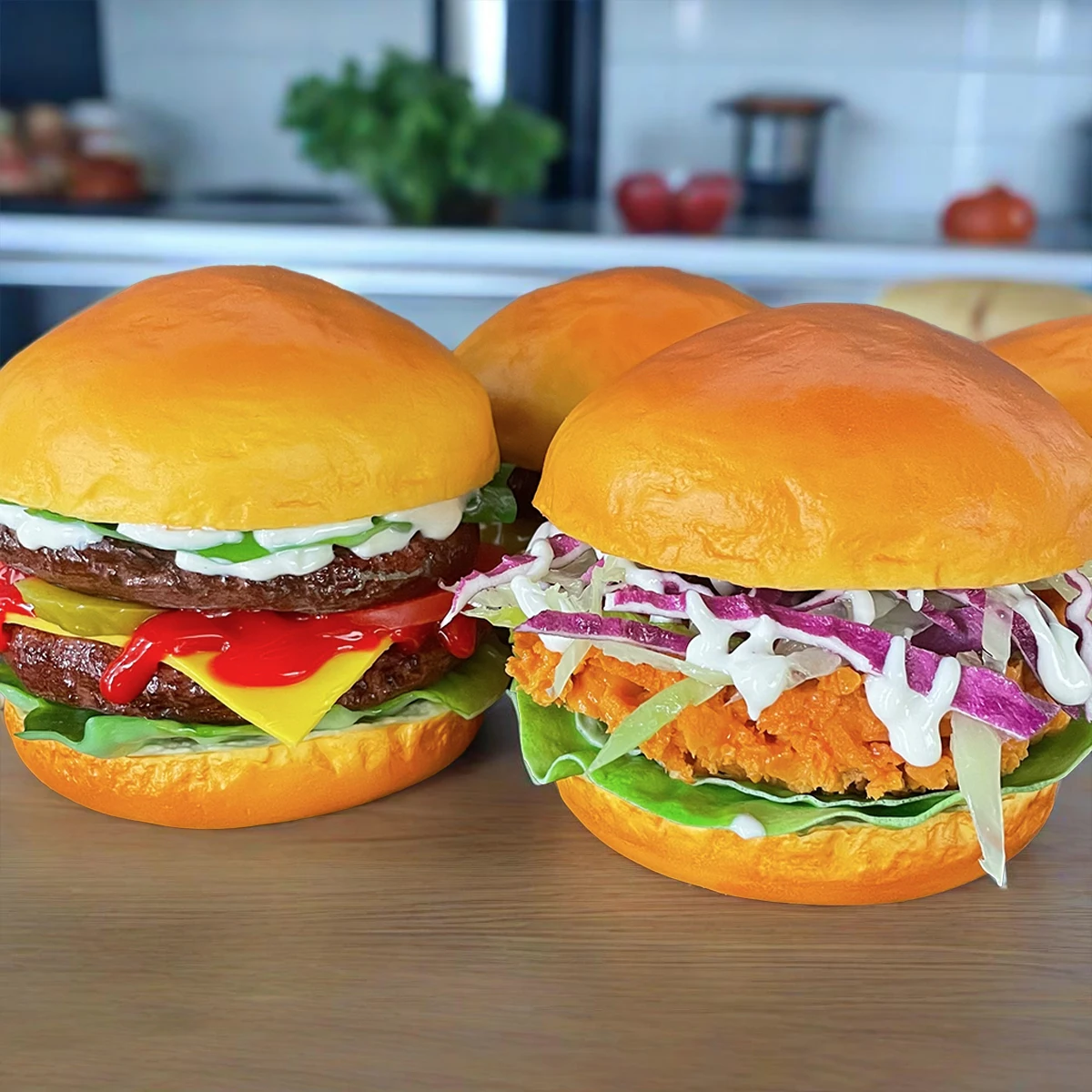 Realistisches gefälschtes Hamburger-Modell, PU-Material, Lebensmittel-Display-Requisite (1 Stück), für Fotografie, Dekoration, Restaurant, Schaufenster, Party – Detail 3