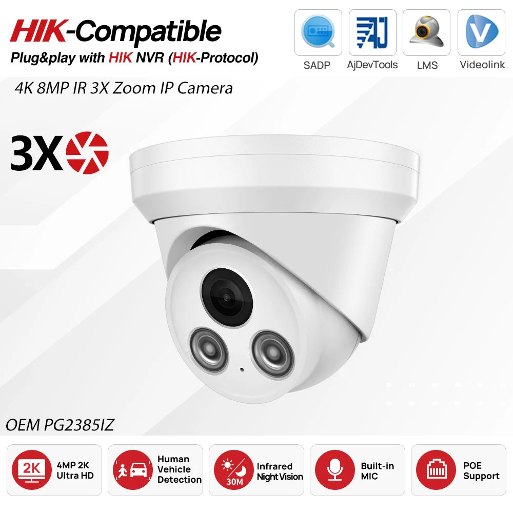 

Hikvision Compatible 4K 8MP 3X Zoom PoE IP Fixed Turret IP Camera Outdoor Human/Vehicle Detection Built-in Mic IP67 H.265+