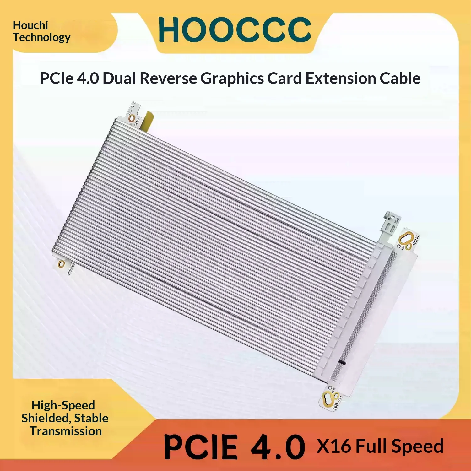HOOCCC PCIe 4.0 X16 Dual Reverse Graphics Card Extension Cable Silver-Plated Shielded Flat Cable 32GT/s Full Speed GEN4 Compatib