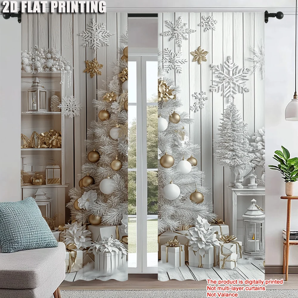 

2Pcs Classic Christmas Tree And Snowflake Print Curtains Polyester Rod Hole Washable Drapes For Various Room Elegant