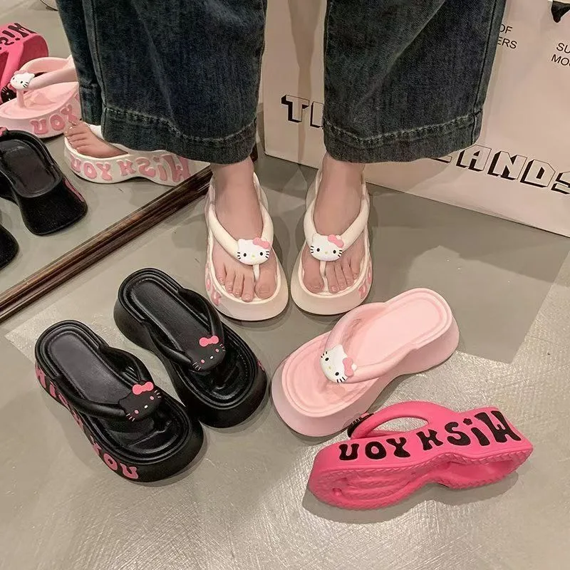 Hello Kitty Flip-Flops mit dicken Sohlen, modische Cartoon-Slipper für den Außenbereich, rutschfest und schmutzabweisend, Pancake Trolley Sommer-Slipper