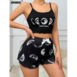 Summer Sexy Spaghetti Strap Pajamas for Women Black Top Lingerie Pijamas Sleeveless Moon Print Homewear Fashion Pyjamas