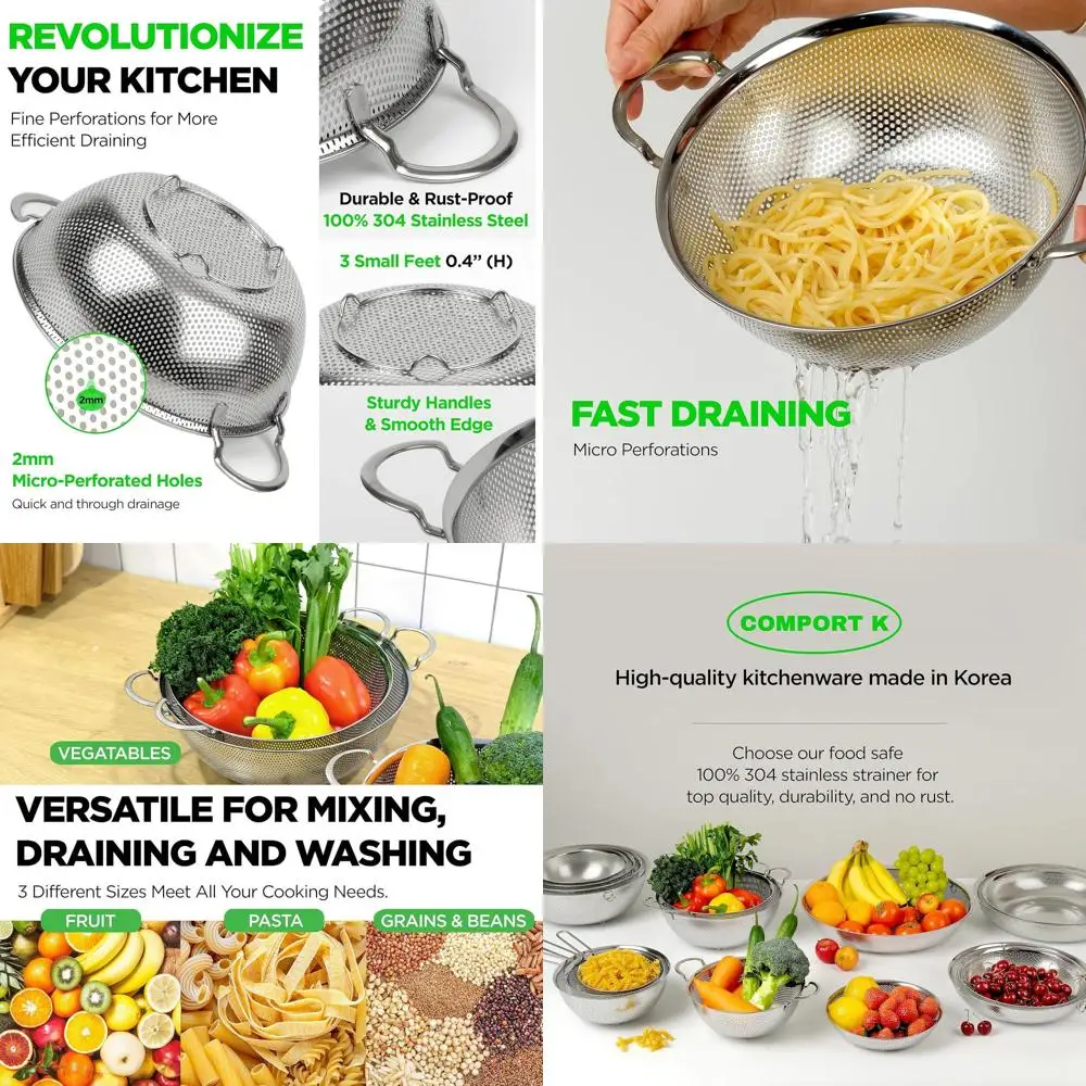 

Set of 3 Premium 18/8 304 Stainless Steel Strainers with Handles, 4-6-8 Quart Sizes, Micro-Perforated for Pasta, Fruits, and Veg