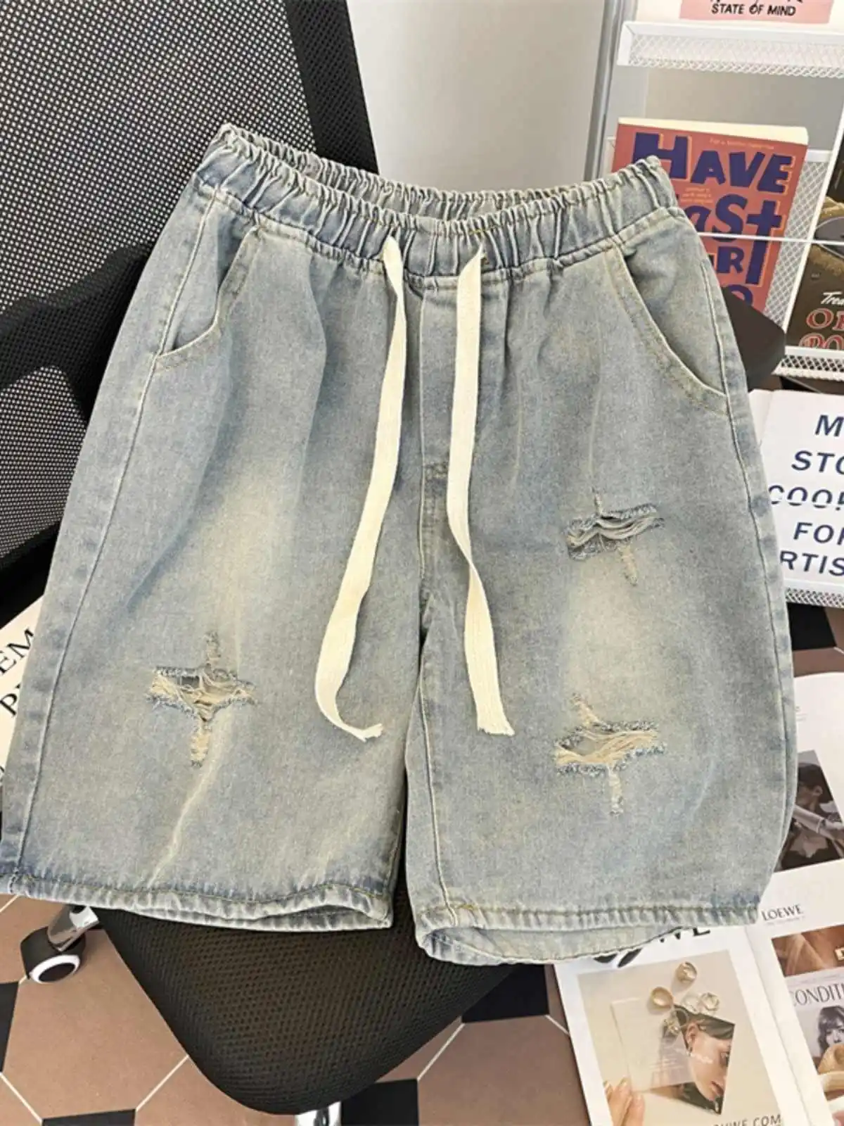 Women Blue Y2k Ripped Denim Shorts Vintage Harajuku Jeans Shorts Oversize Knee Length Short Pants Emo 2000s Clothes Summer 2025