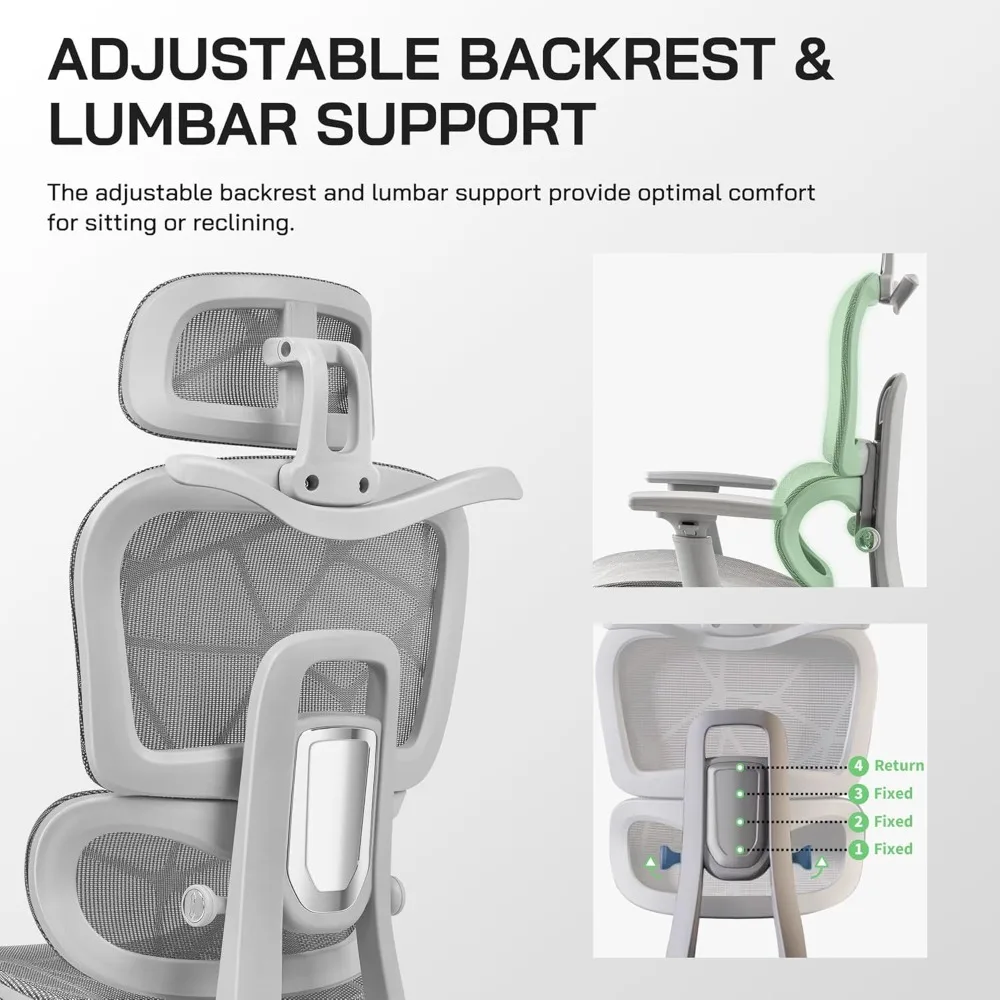 كرسي مكتب شبكي مريح مع مسند للقدمين، كرسي ألعاب شبكي عالي الظهر مع دعم قطني، مسند رأس قابل للتعديل ومساند للذراعين لـ h