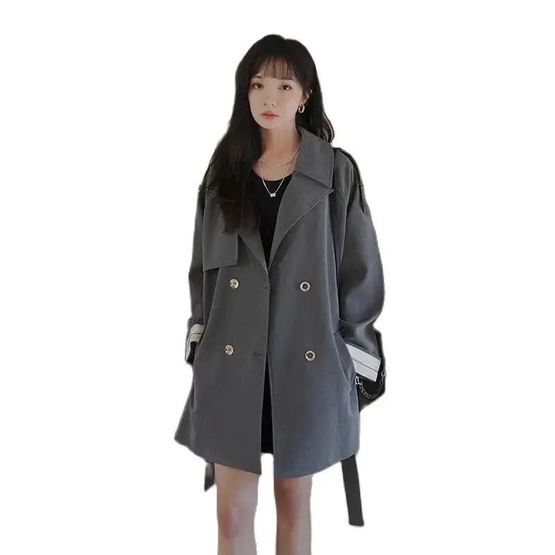 2024 Grey Black Windbreaker Outwear Women's New High-Grade Fashion Jacket Spring Autumn Loose Mid-Long Trench Coat Female