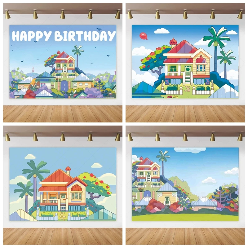 

Blue Dog House Birthday Party Backdrop Cartoon Baby Shower Custom Animals Blue Sky White Clouds Boys Girls Decoration Banner