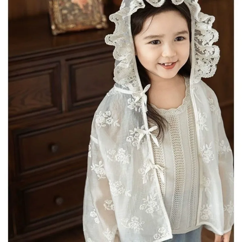 Girls Summer Sun Protection Jacket Sweet Lace Lightweight Breathable Hooded Outerwear for Children