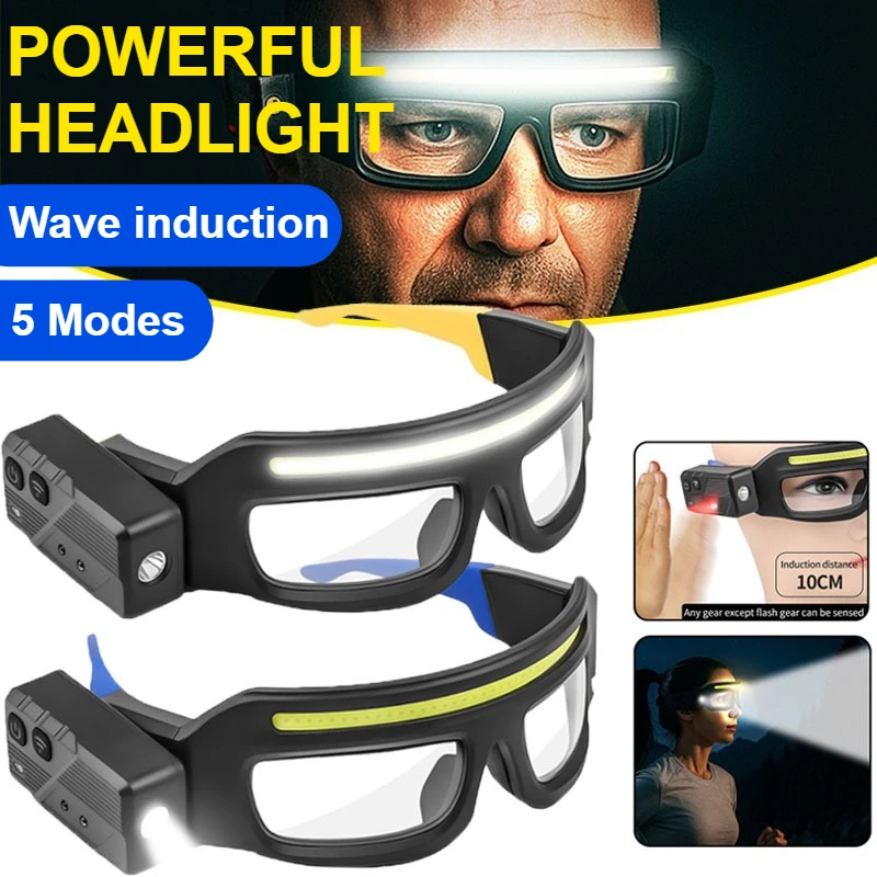 

High Brightness LED Headlamp 90°Adjustable Job Site & Security Lighting 5 Modes Rechargeable Flashlight Wave Sensor Control