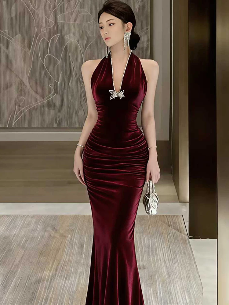 Feminino vermelho veludo chique diamantes pescoço-montado sexy vestido longo outono inverno elegante festival vestido 2025 coreano vestido de festa de luxo