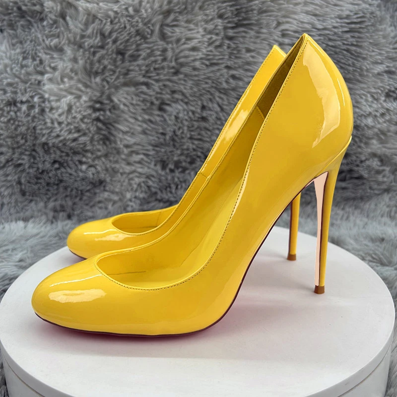 

Новые желтые элегантные женские блестящие туфли-лодочки на высоком каблуке 12 см с круглым носком, женские туфли-лодочки без шнуровки на шпильке 10 см, настраиваемые QP253