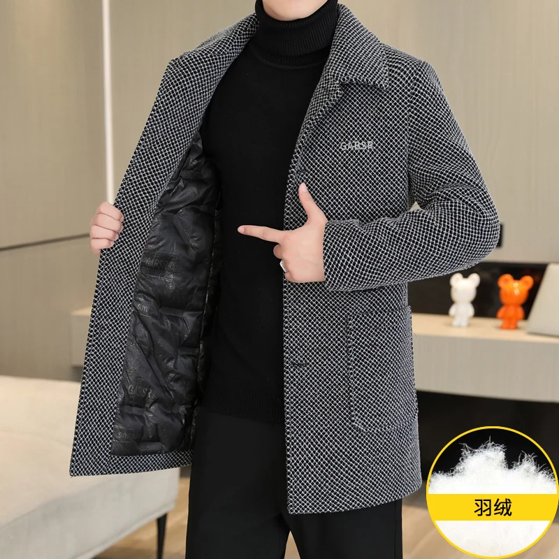 

Повседневные мужские шерстяные пальто на белом утином пуху, зимняя верхняя одежда 2025 года, ветрозащитные теплые куртки-пуховики средней длины, утепленная стеганая одежда