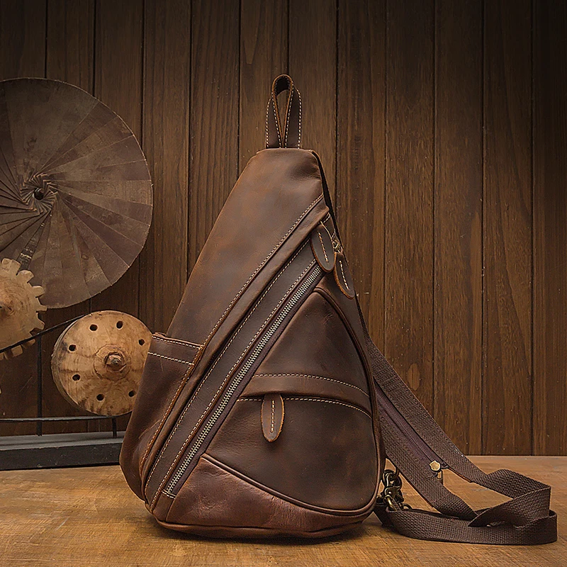 Handmade Cowhide Leather Backpack Men Vintage Genuine Leather Cross body Bag Large Capacity Chest Bag Multi-function Travel Bag