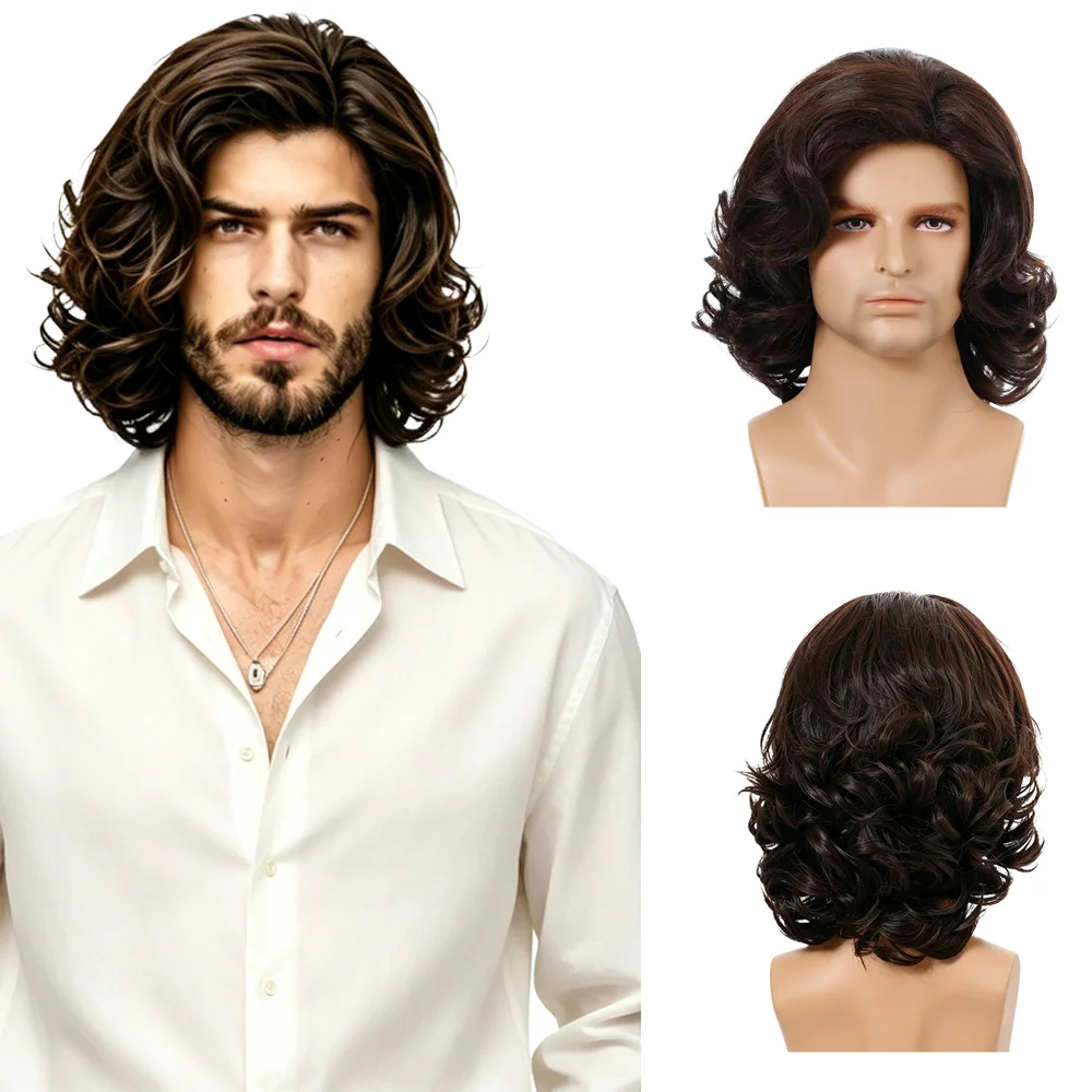 

Men's Medium Length Curly Wig Dark Brown Fluffy Heat Resistant Synthetic Wig Pre-Styled For Daily Wear Party Cosplay Halloween