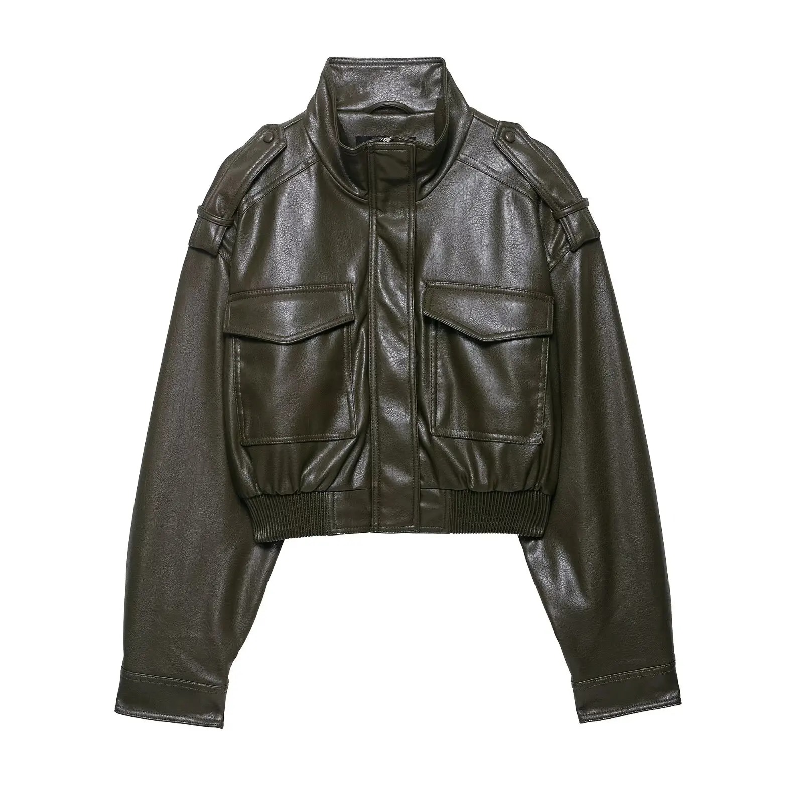 

2025 New Women's Clothing European and American Style Fashion Shiny Imitation Leather Stand Collar Long Sleeve Short Jacket