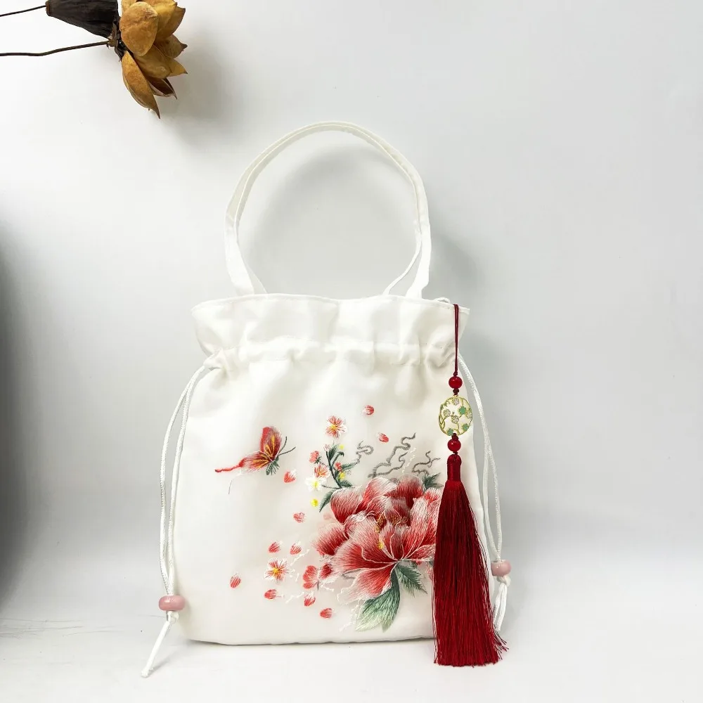 エレガントな中国風巾着バケツバッグオーガンザフラワー漢服刺繍ハンドバッグエスニックスタイル甘い小さな財布バッグアウトドア
