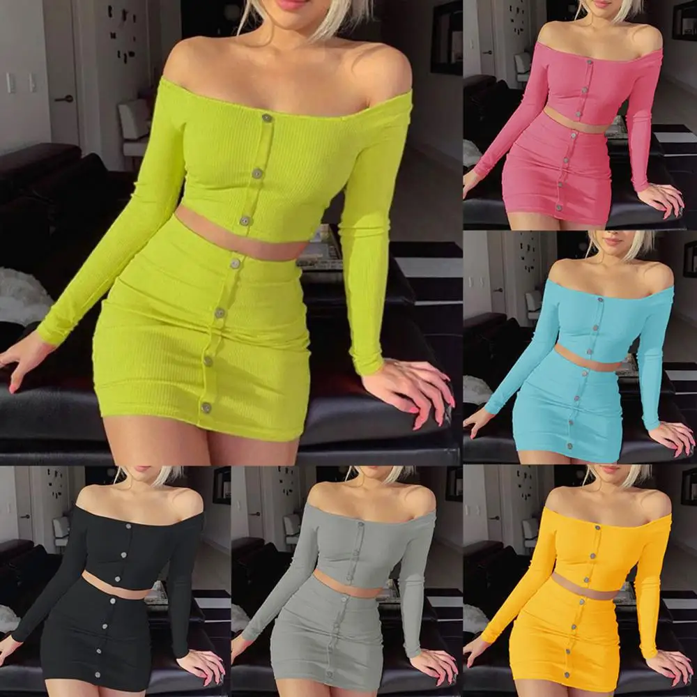 Skirt Off Shoulder Women Outfit Long Sleeve Solid Color 2Pcs Button Crop Top Outfit