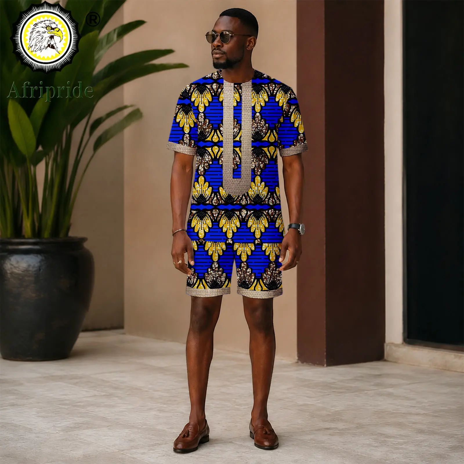 African Suits for Men Scoop Neck Short Sleeve Embroidery Shirts and Shorts 2 Piece Set Dashiki Outfits Print Tracksuit 2616096