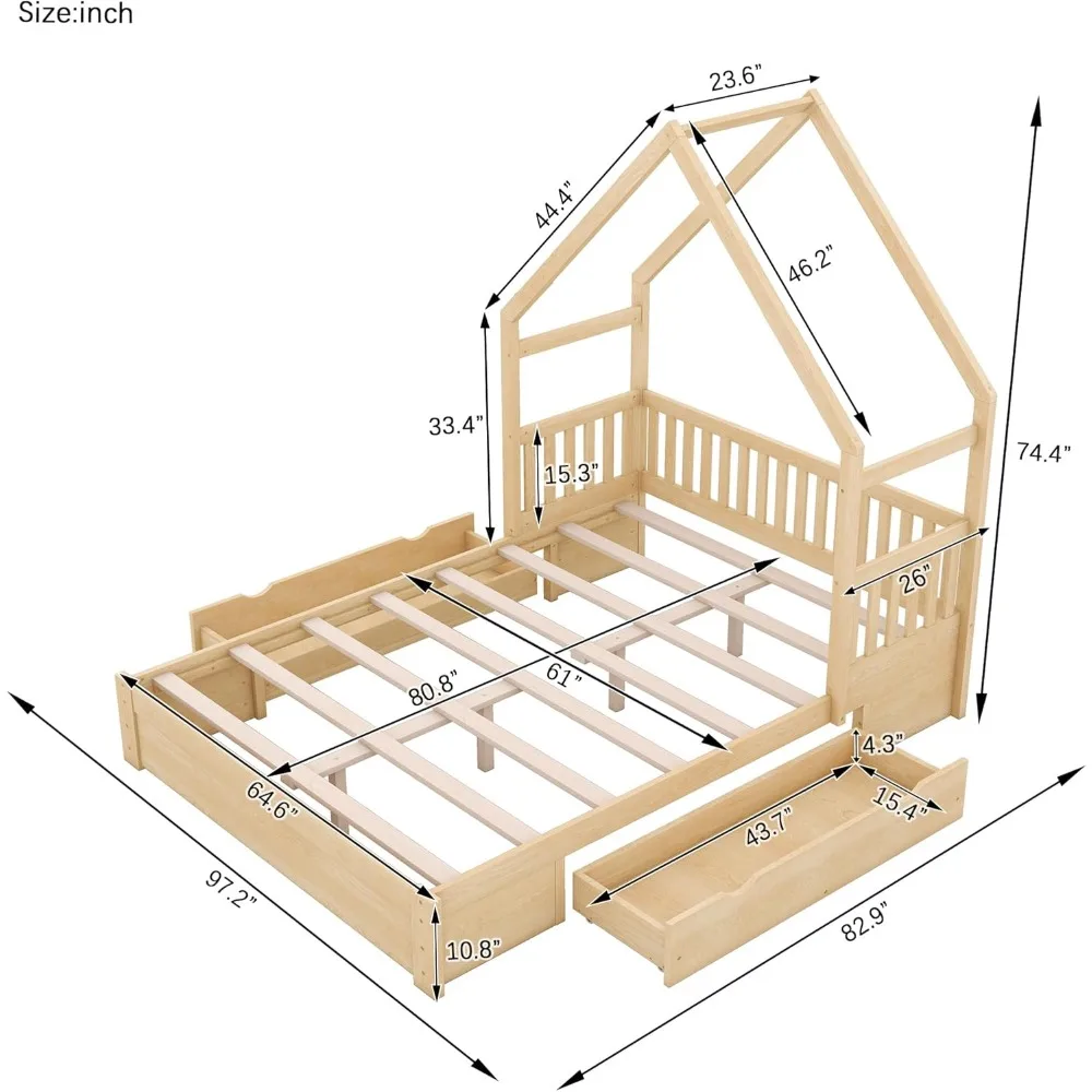 Child's Bed with House-Shape Roof,Headboard and 2 Drawers,Queen Size Floor Platform Bed Frame for Teens, Child's Cot