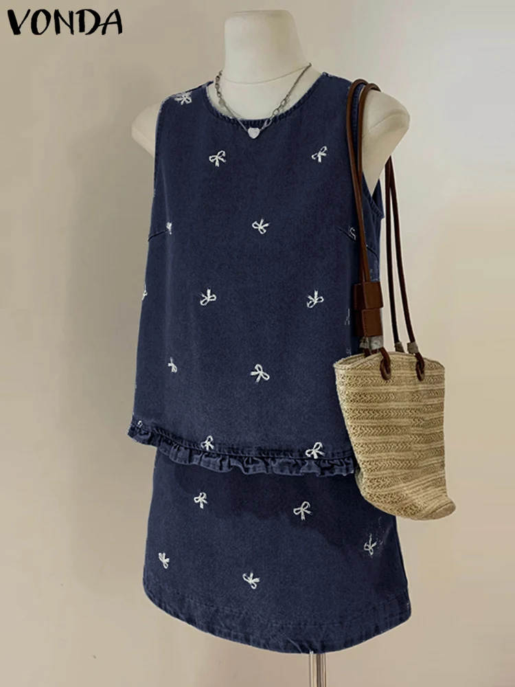 

VONDA милые комплекты платьев для женщин, лето 2021, корейский комплект из двух предметов с бантом, джинсовые топы без рукавов и мини-юбки, повседневные 2 шт.