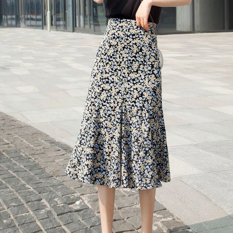 Fragmented Chiffon Half-length Skirt Women's Summer 2023 New High Waist Slim Office Versatile Lady A-line Skirt Mid Length