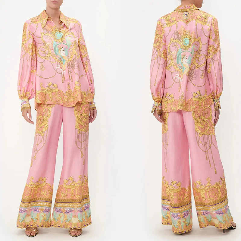 

2026 New Casual Vacation Long Sleeve Pink Printed Shirt And Pants Two-piece Set For Women Robe Boho Clothing Bandage