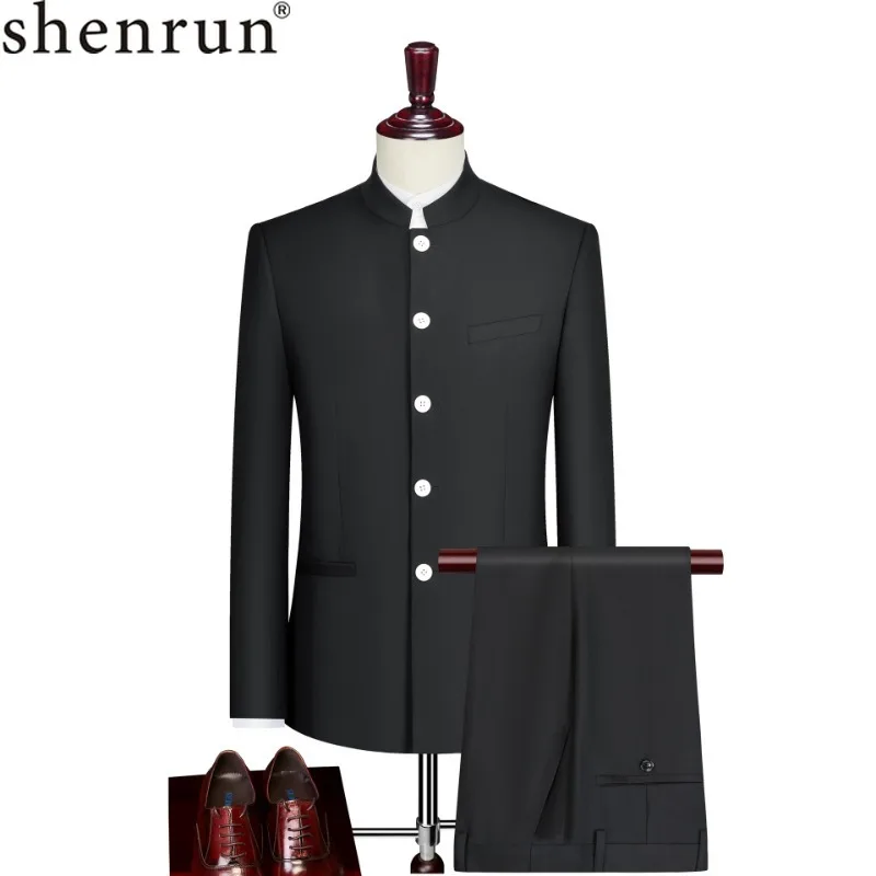 Shenrun Nieuwe Heren Chinese Tuniekpakken Slim Fit Opstaande Kraag Mao Pak Jasje Zwart Bruiloft Bruidegom Prom Kostuum Feest Witte Knopen