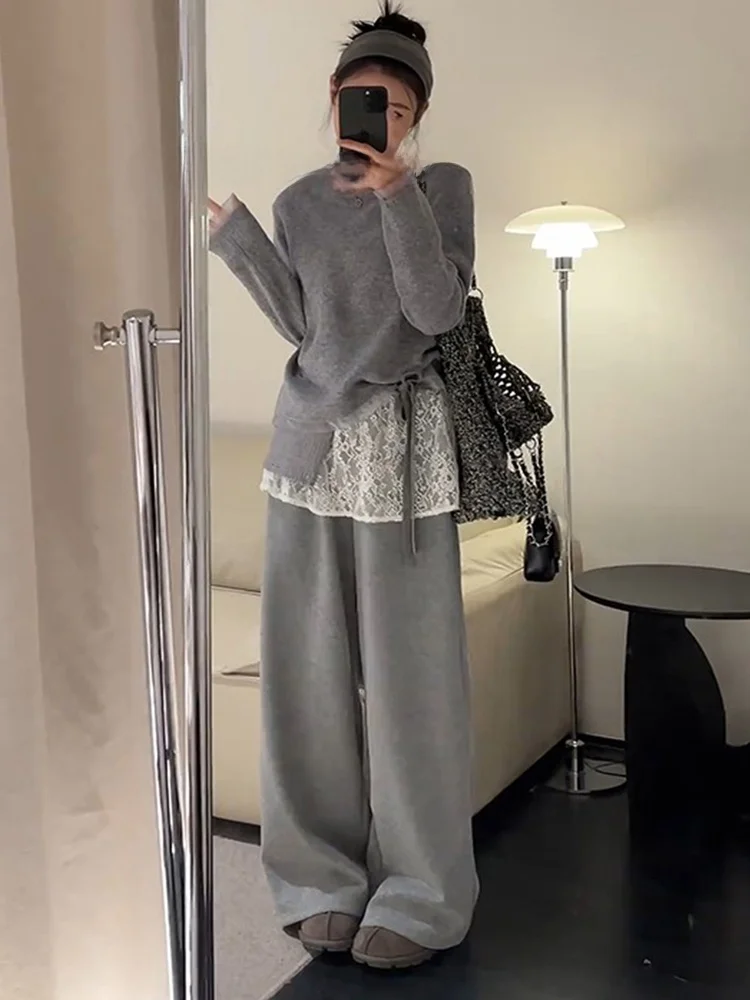 

Unique Knitted Lace Patchwork Wide Leg Pants Women's Spring Faion Set High Waist Long Sve Thiened Winter French Sle