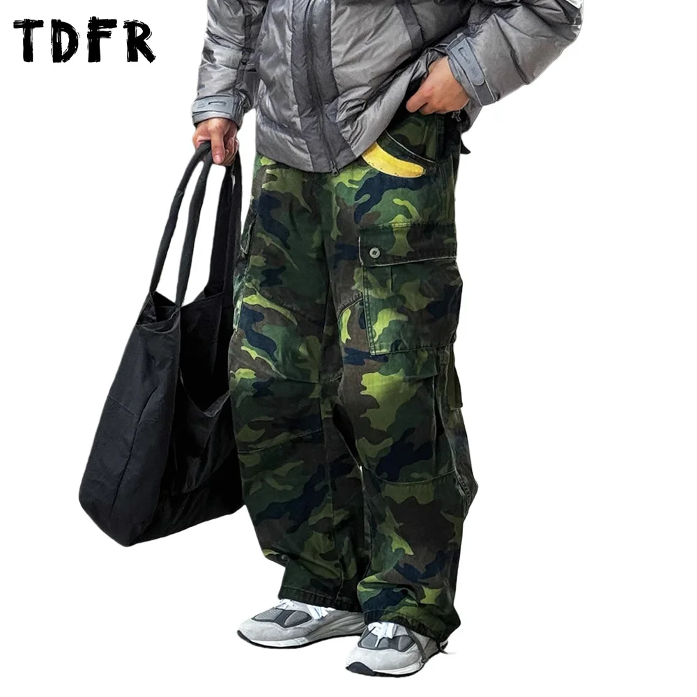 

Print Camouflage Cargo Pants Mens Multi-Pocket Safari Style Baggy Spliced Distressed Elastic Waist Wide Leg Jogger Pants Man
