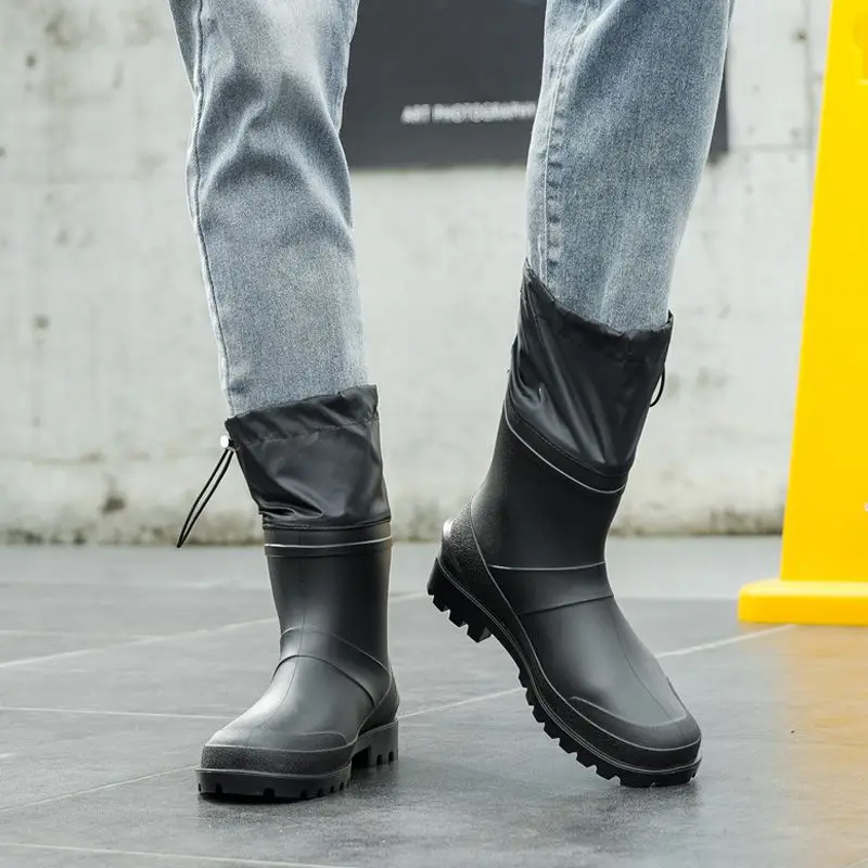 Men's Waterproof Non-Slip Rain Boots Mid Calf Thickened Wear-Resistant Construction Site Fishing Car Washing Outdoor Work Shoes