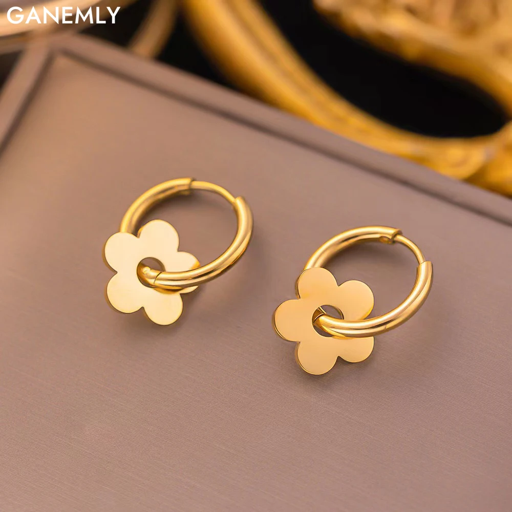 GANEMLY New Fashion Gold Color Small Flower Hoop Earrings For Women Elegant Stainless Steel Earrings Waterproof Jewelry Gift