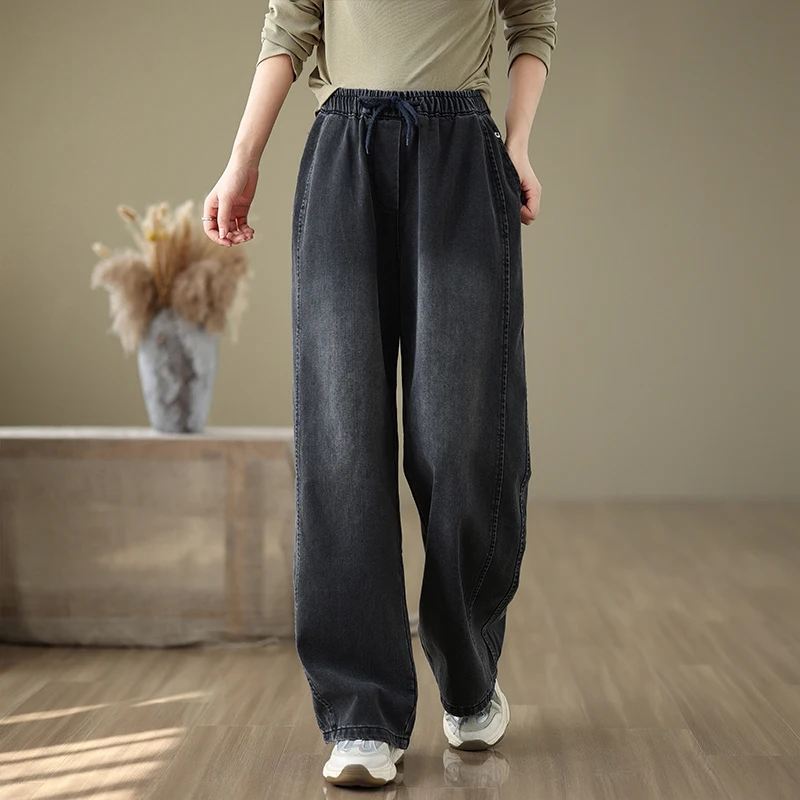 Waed Denim Wijde Pijpen Broek Gordel Pure Kleur Herfst Winter Casual Rechte Pijpen Jeans Dames Faionable Broek